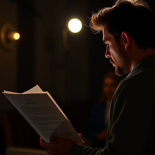 Acteur se préparant pour une audition, lisant un script avec concentration.