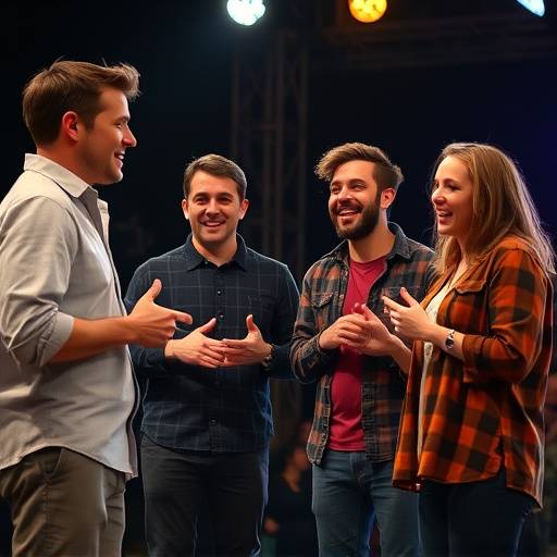 Acteurs en pleine improvisation théâtrale, riant et interagissant sur scène.