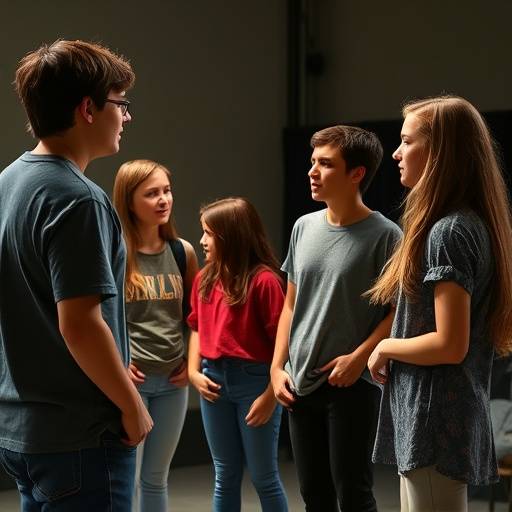 Adolescents répétant une scène de théâtre avec l'aide d'un instructeur.