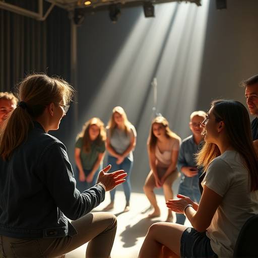 Atelier de théâtre avec un groupe de personnes pratiquant un exercice