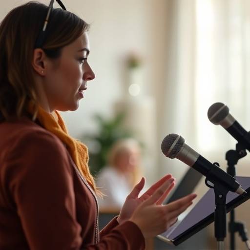 Une instructrice guidant un élève lors d'un exercice d'expression vocale.
